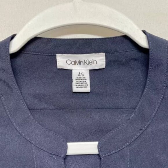 Calvin Klein Women's Large V-Neck Button Up Blouse Charcoal Grey Roll Tab Sleeve - Picture 13 of 13